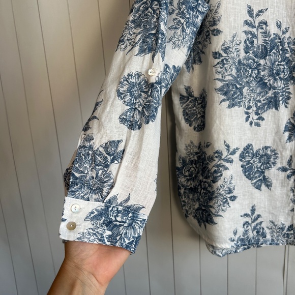 Rachel Zoe size L long sleeve button up shirt 100% linen white blue floral - Picture 4 of 12